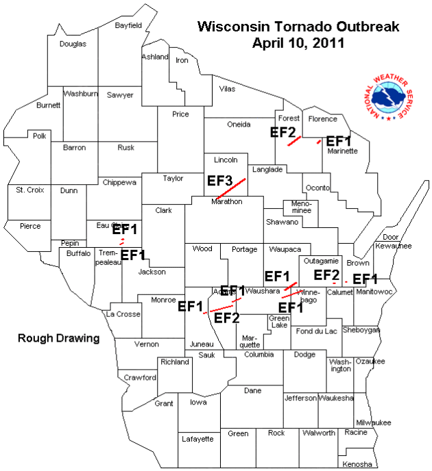 A map of Wisconsin showing the paths of 15 tornadoes as short red lines.