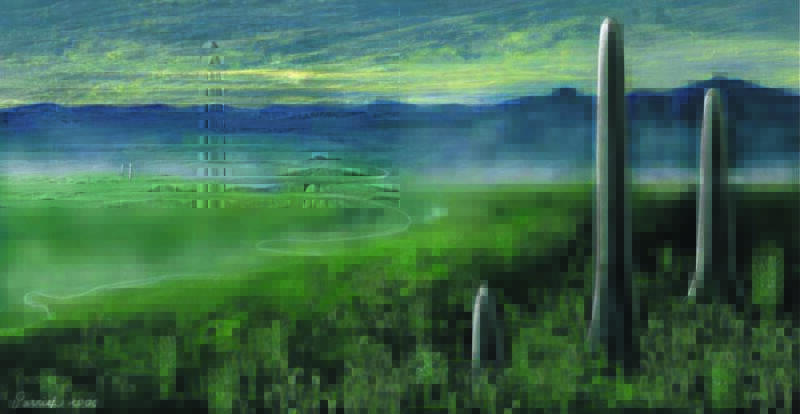 Tall, cylindrical growths in a lush river valley with mountains in background.