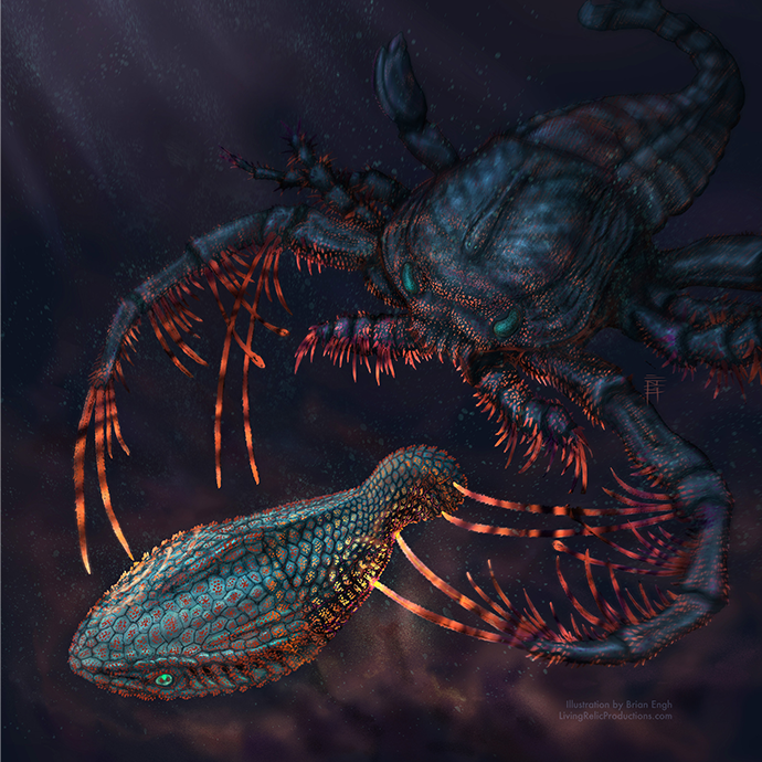 A fish being pursued by a much bigger, sinister-looking sea creature grabbing at it with multiple legs. 