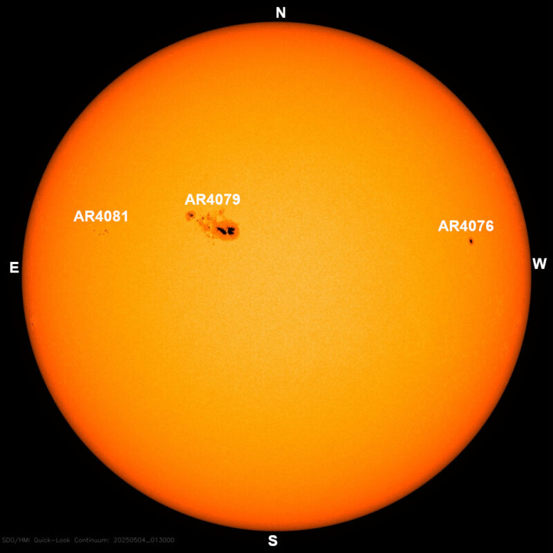 The sun, seen as a large yellow sphere with dark spots, each labeled.