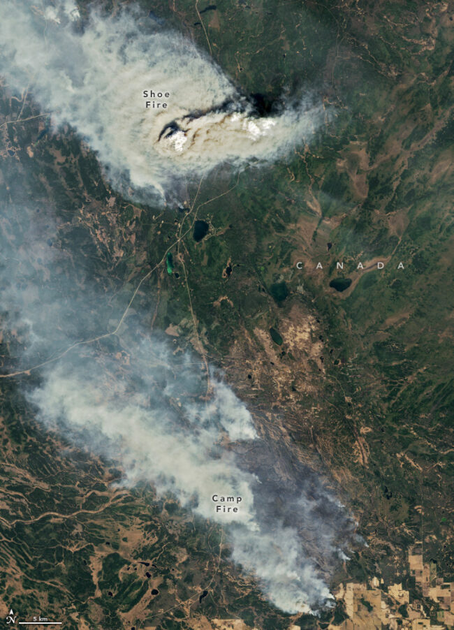 Satellite view looking down at Earth and showing smoke billowing from 2 fires close to each other.
