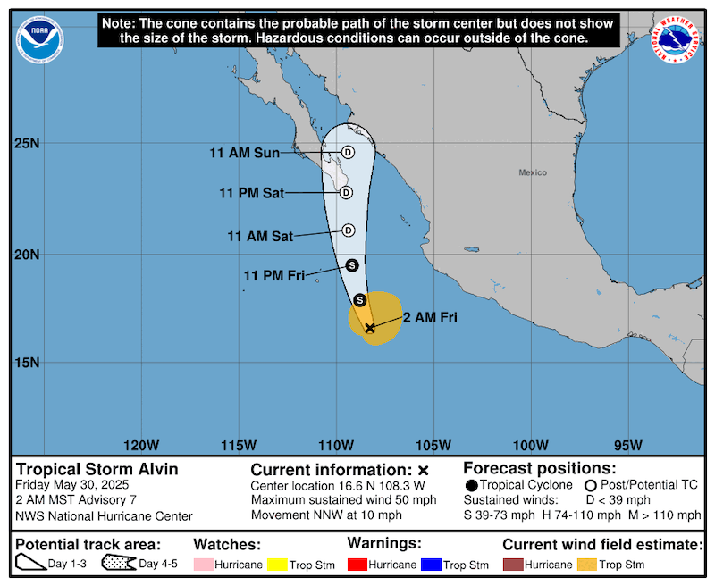 Map of Mexico with the path of Tropical Storm Alvin approaching Baja California.