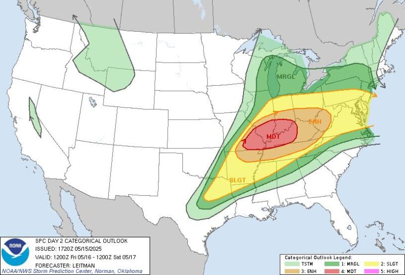 Map of US with red centered around Paducah, KY, and orange, yellow and green extending further out.