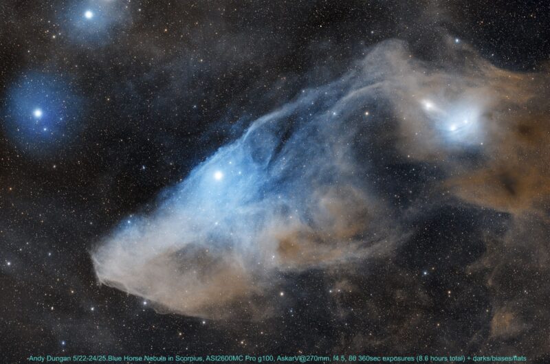 Large patch of bright bluish nebulosity, with smaller patches around and numerous background stars.