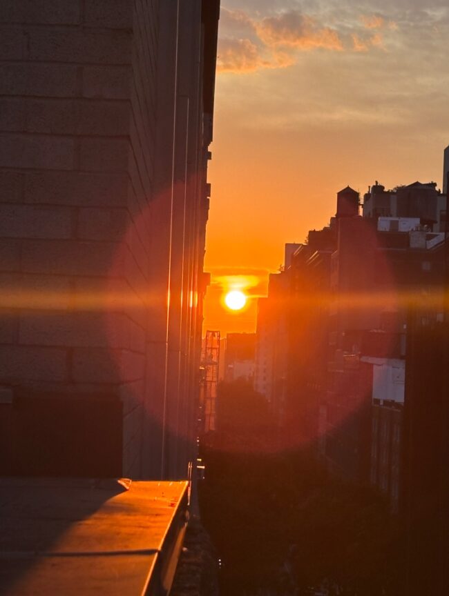 A deep yellow sunset between tall buildings.