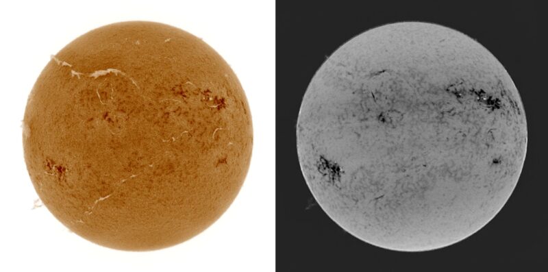 The sun, seen as two colored spheres, one yellow and one gray.