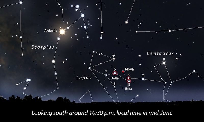 Star chart showing how to find the Nova in Lupus between Scorpius and Centaurus.