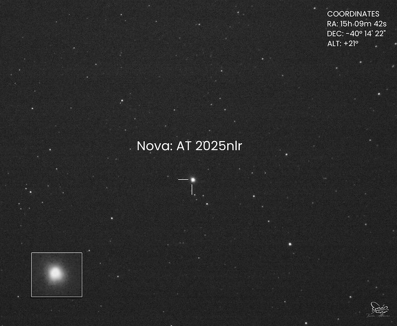 Annotated star field showing where the nova in Lupus appears.