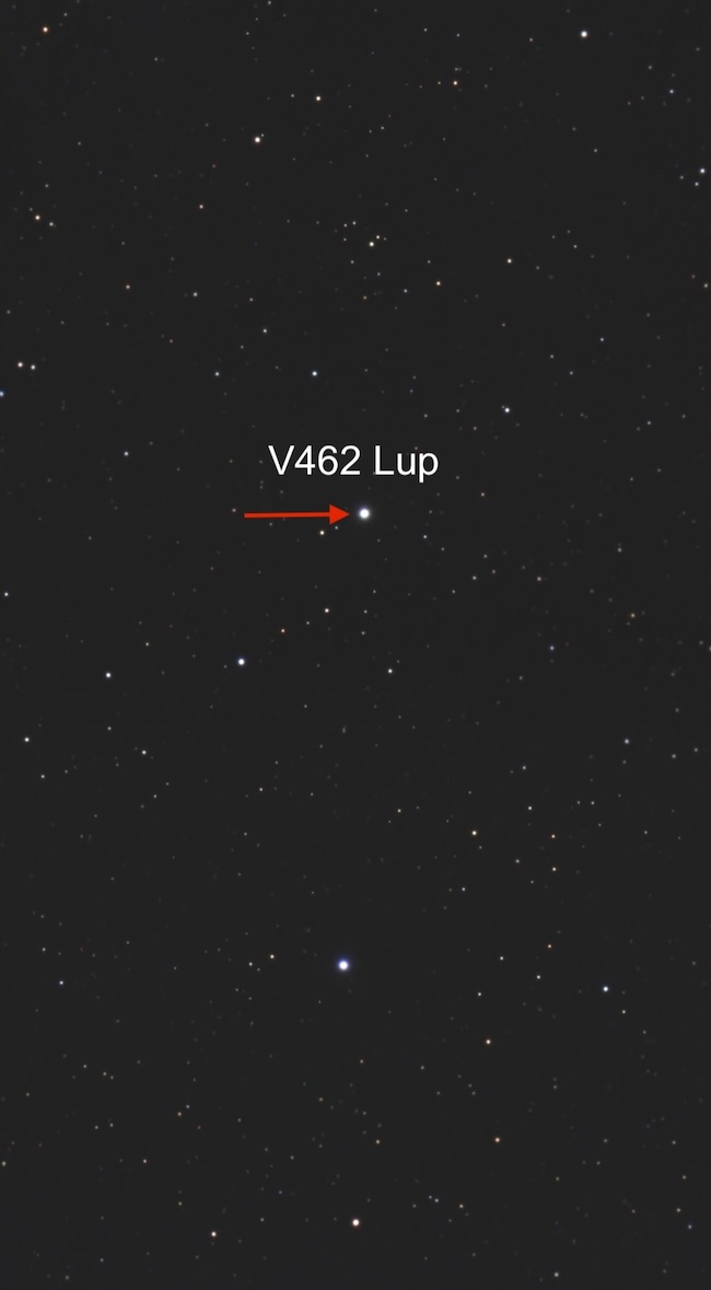 Annotated star field showing where the nova in Lupus appears.