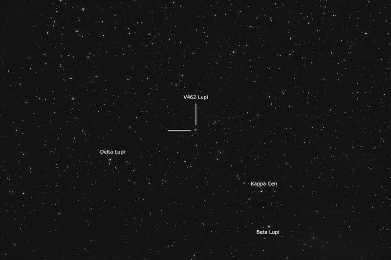 An annotated star field labeling some stars and a nova in Lupus.