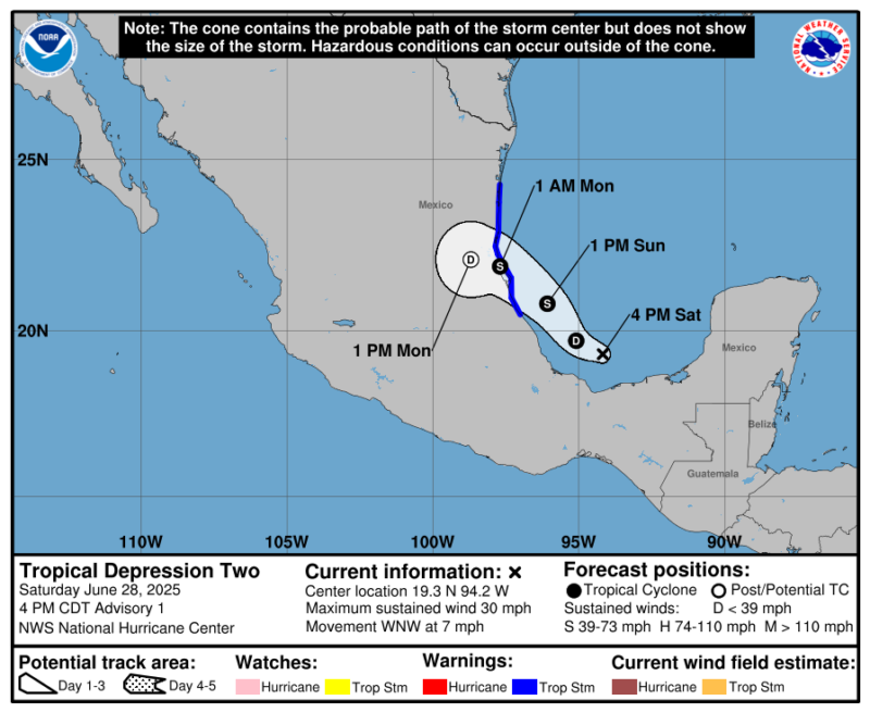 A map of Mexico shows Tropical Depression Two making landfall on the east coast of Mexico Sunday. 