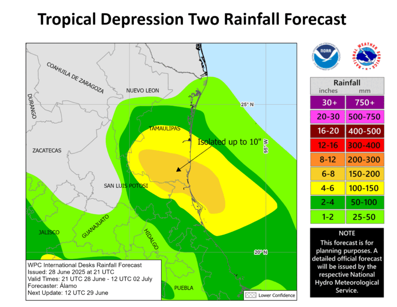 A rainfall forecast showing a map of eastern Mexico. A bullseye colored in light orange shows the rainfall forecast of up to 10 inches of rain for areas east of San Luis Potosí and south of Tamaulipas.