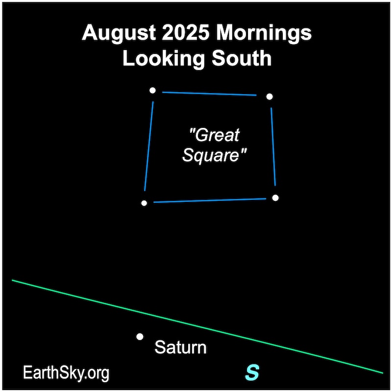 A dot, Saturn, is below four smaller dots, the stars of the Great Square.