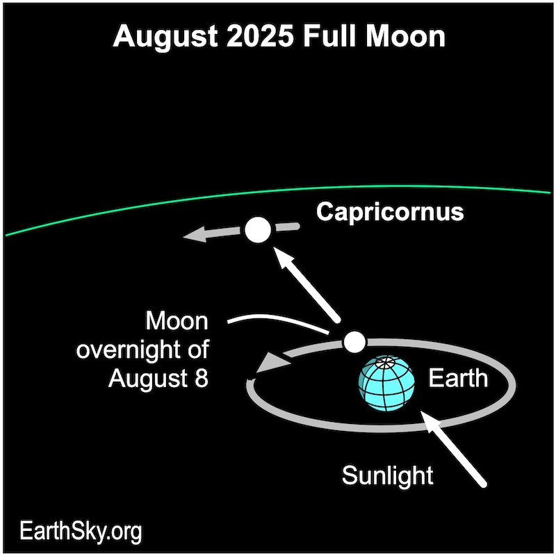 Diagram of Earth and moon. The sun's light projects the full moon into the constellation Capricornus.