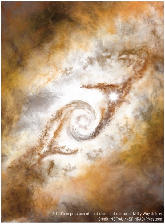 Hidden molecular cloud: Central dark spiral within a glowing fuzzy cloud taking up most of the image, brighter at the center.