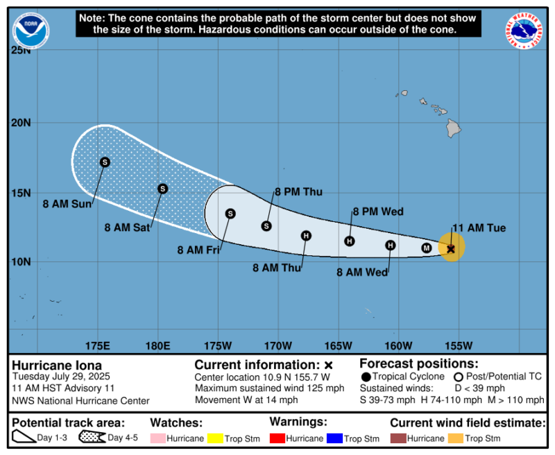 Map showing the location of Hurricane Iona and a cone with dots showing its likely location in the coming days.