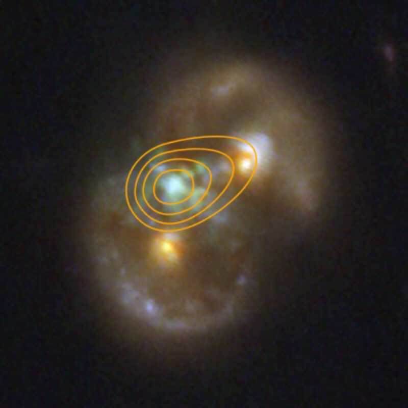 Concentric lines drawn around a light blue area with two yellow spots at the outsides of the lines and the galaxies gas and dust beyond that.