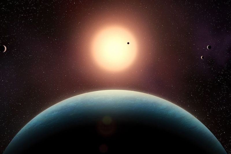5th planet: Bluish planet with large nearby reddish star in the background, and 4 other small planets in the distance.