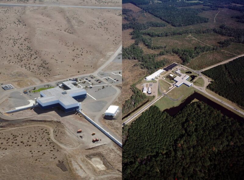 Split image of two building complexes seen from the air. Both complexes have structures radiating away from their centers.