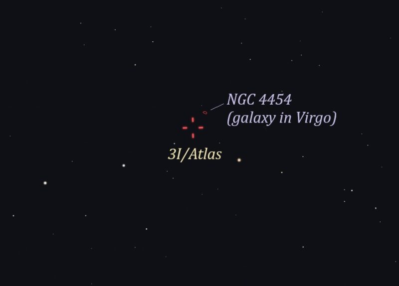 Star chart showing red marks for comet's location and a dim deep-sky object just above it.
