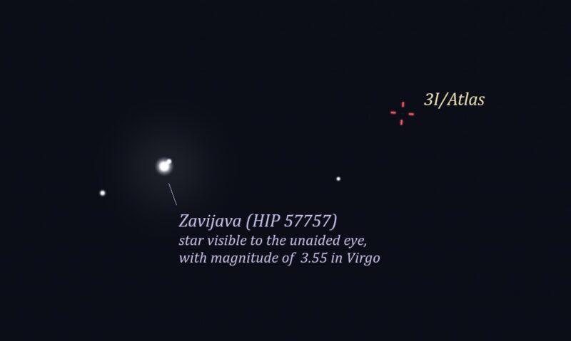 Star chart showing red marks for comet's location and a bright star to the left labeled.