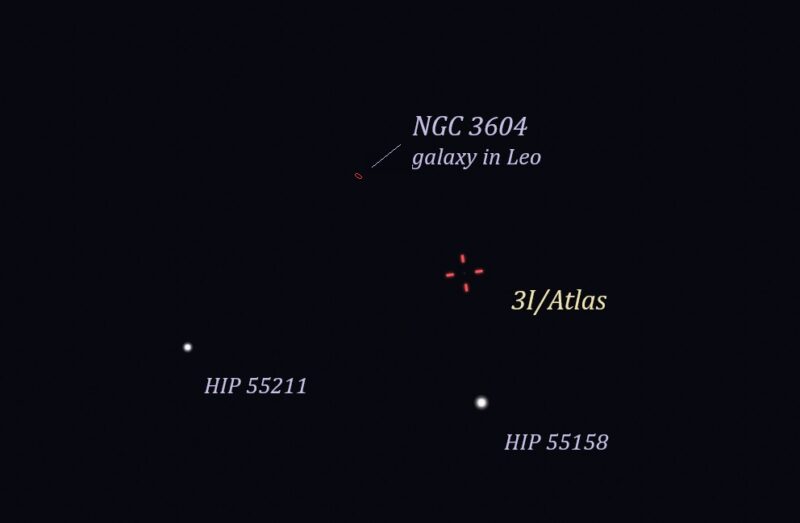 Star chart showing red marks for comet's location and a couple stars with labels plus a deep-sky object labeled.