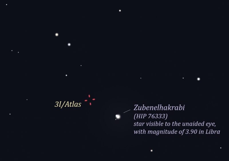 Star chart showing red marks for comet's location and a bright star with label.