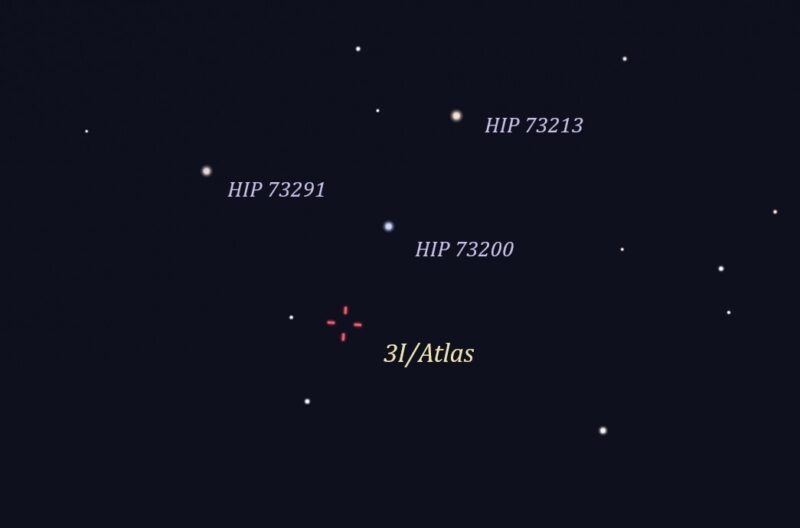 Star chart showing red marks for comet's location and 3 other stars above labeled.