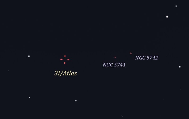 Star chart showing red marks for comet's location and small circles for deep-sky objects.