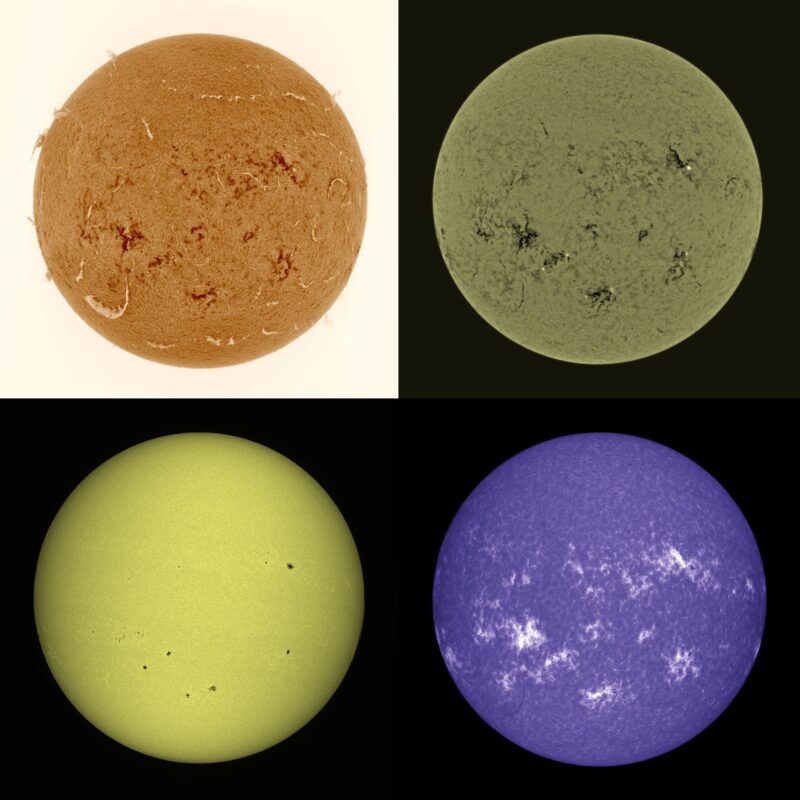 The sun, seen as four colored spheres, one orange, one gray, one yellow and one violet.