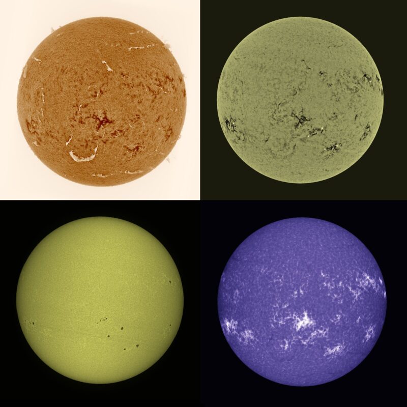 The sun, seen as four colored spheres, one orange, one gray, one yellow and one violet.