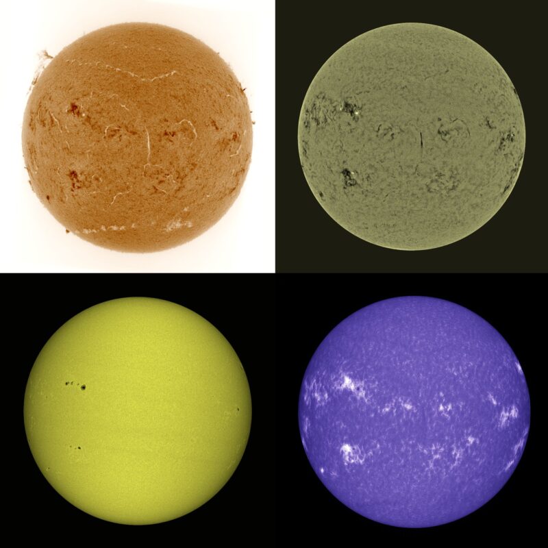 The sun, seen as four colored spheres, one orange, one gray, one yellow and one violet.