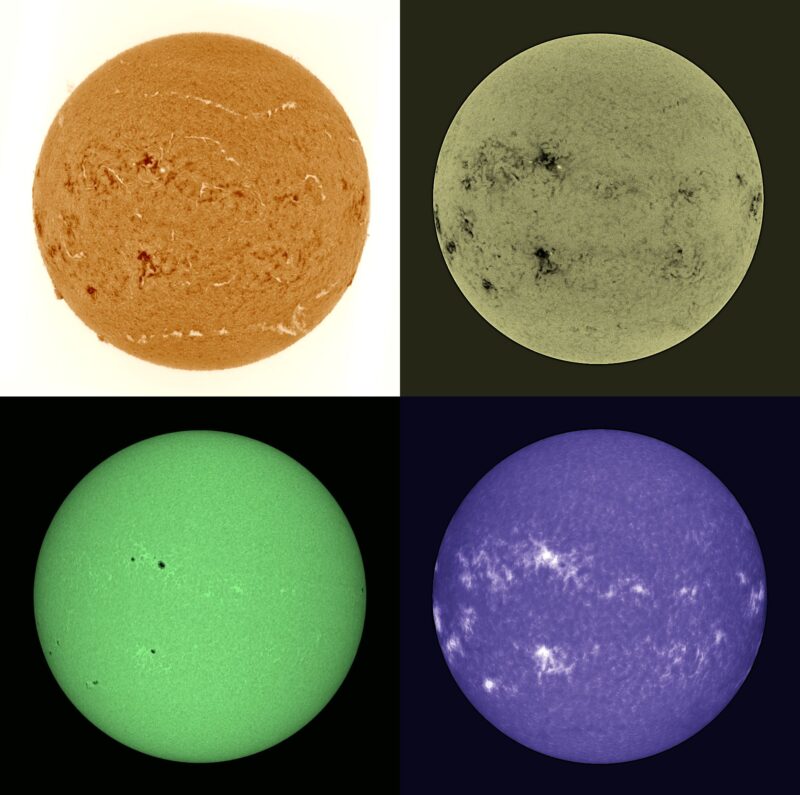 The sun, seen as four colored spheres, one orange, one gray, one green and one violet.