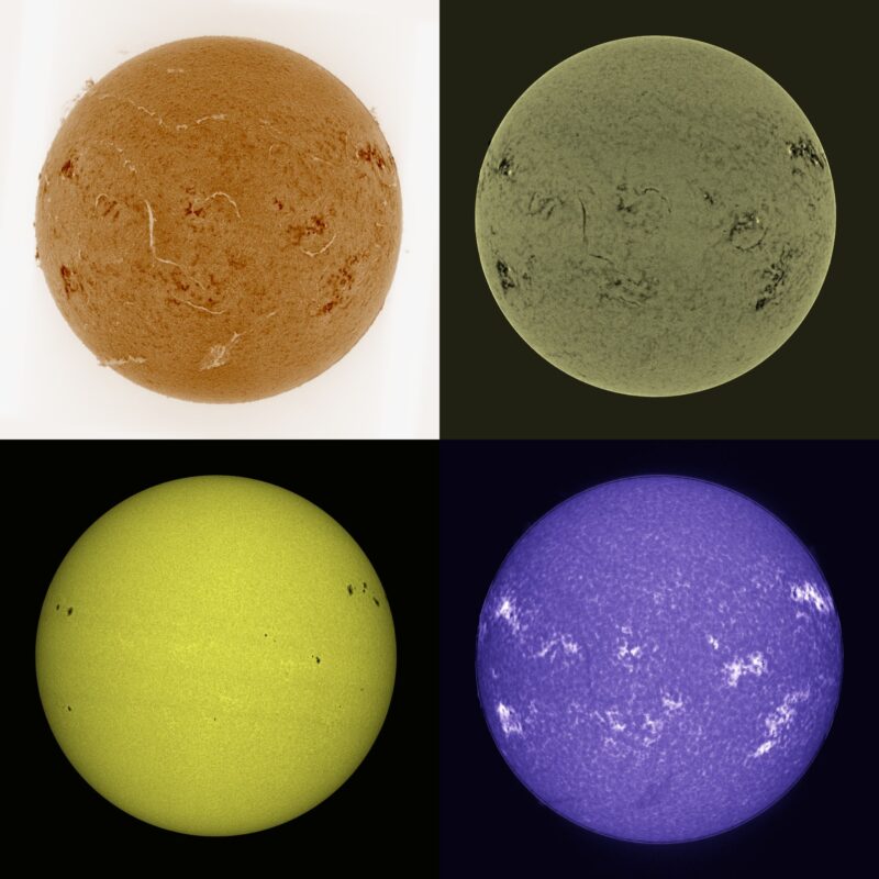 The sun, seen as four colored spheres, one orange, one gray, one yellow and one violet.