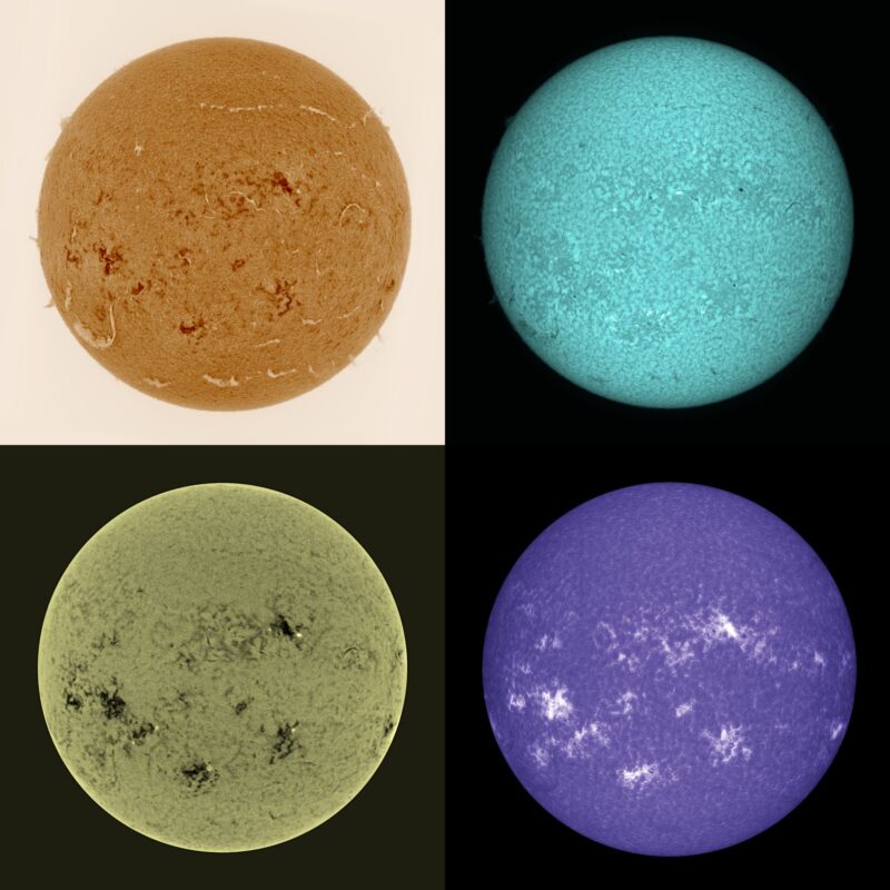 The sun, seen as four colored spheres, one orange, one blue, one one gray and one violet.