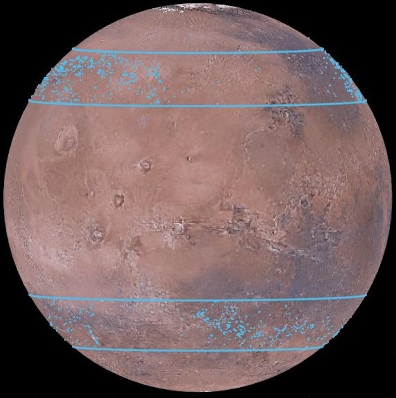 Globe of reddish-brown planet with 2 sets of blue horizontal lines going across it, in the north and south.