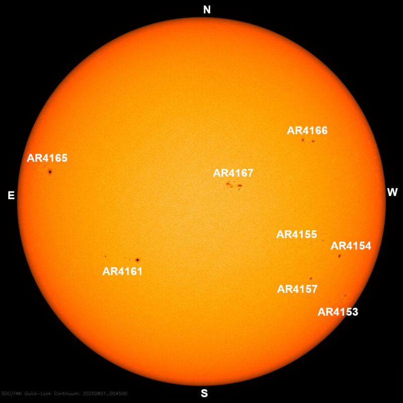 The sun, seen as a large yellow sphere with dark spots, each labeled.