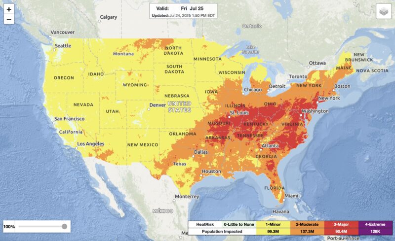 Map of the US with yellow throughout the west and deeper colors in the middle and to the east.