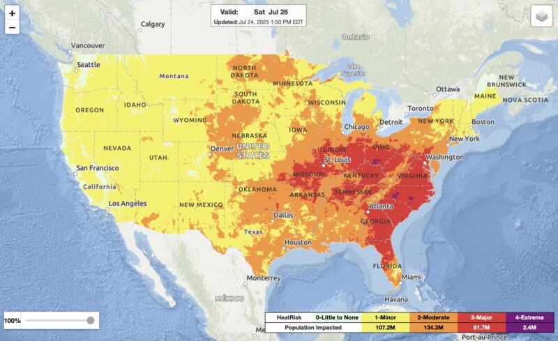 Map of the US with yellow west of the Rockies and deeper colors in the middle and the east.