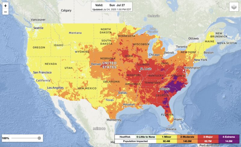 Map of the US with yellow west of the Rockies and deeper colors in the middle and east.