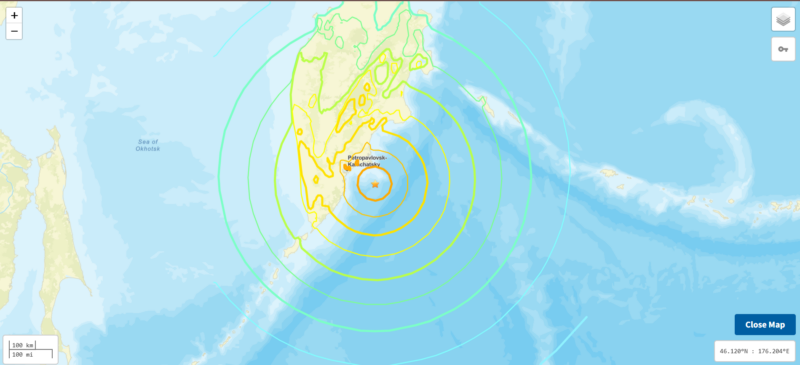 Map of Kamchatka peninsula in Russia with concentric rings covering a wide area mostly ocean.