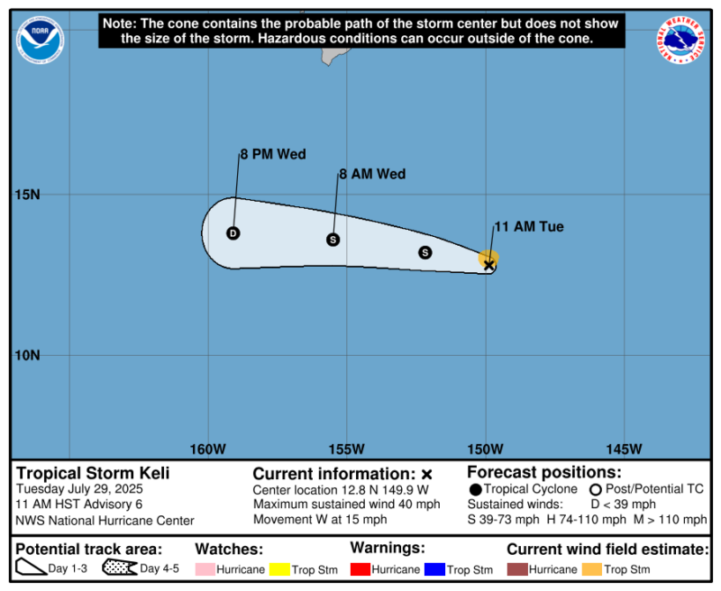 Map with location of Tropical Storm Keli and a cone with black dots showing the likely location in the coming days.