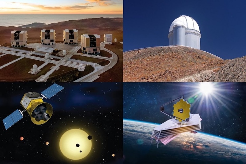 4 images showing 2 ground telescopes in the top row and 2 space telescopes in the bottom row.