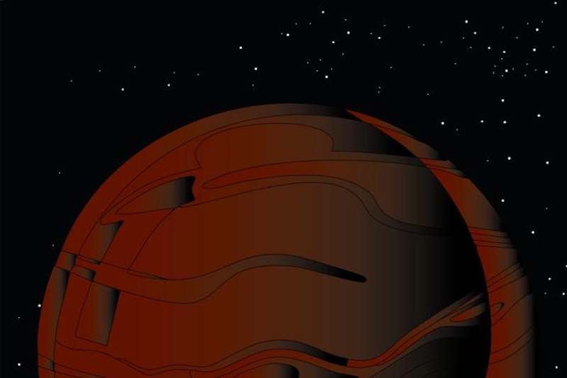 Dark dwarfs: Half of a dark reddish sphere with curving lines on it. White stars are in the background.