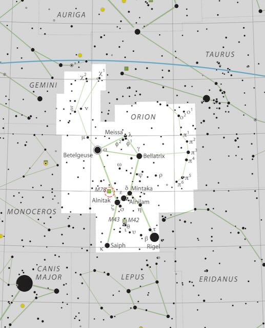 Star chart showing the constellation Orion with stars in black on white and a small red circle near the Belt.