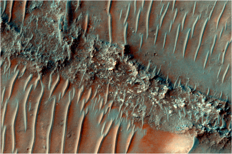 Rivers on Mars: Band of rough terrain going from upper left to lower right, with small sand ripples on both sides of it.
