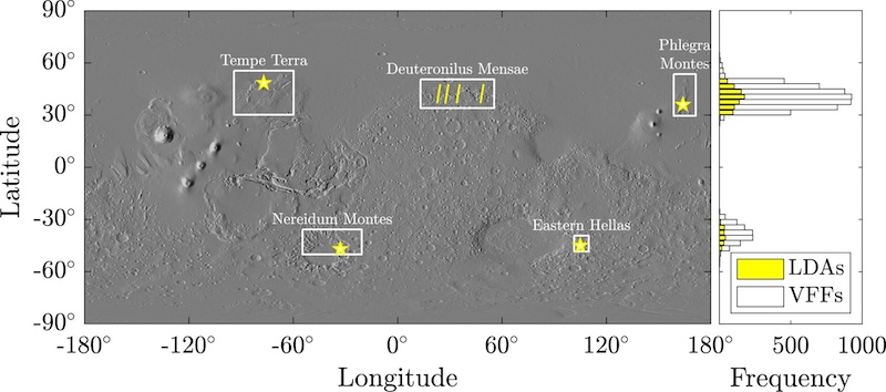 Grayscale map with glacier locations marked. Latitude and longitude are along the left and bottom sides of the map.