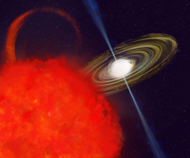 Artist's impression of the long-period radio transient: a fuzzy bright orange star fills the bottom left, in orbit around a bright white ball, which is surrounded by a flat disk of swirling yellow.