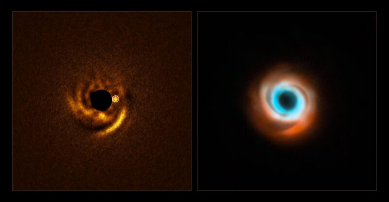 Left: orange spiral arms with a circled bright dot near but not at the center. Right: spirals without a dot.