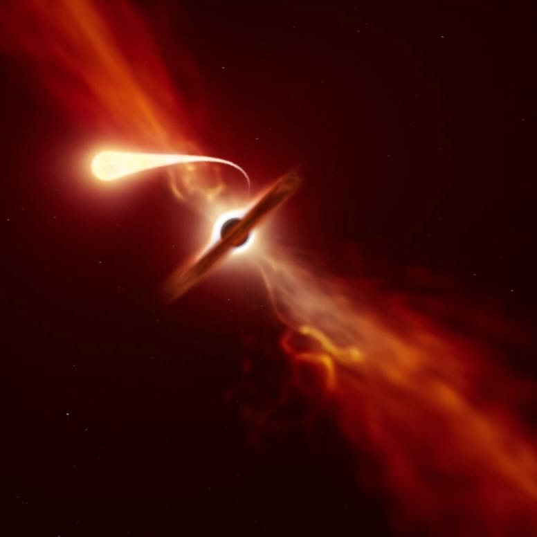 Black central object and a star with a long tail of material being sucked in.